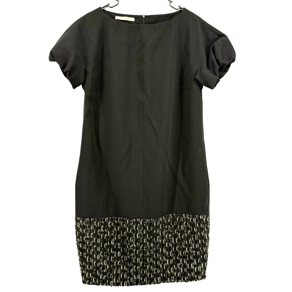 Les Copains Black Virgin Wool Tweed Panel Puff Sleeve Shift Dress Italy Size 44